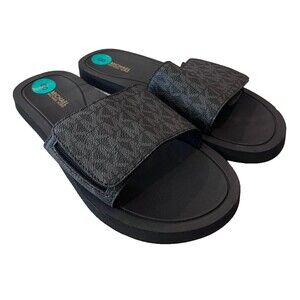 Michael Kors MK NEW Size 8 Signature Logo Print Wade Slide Gray Black Adjustable